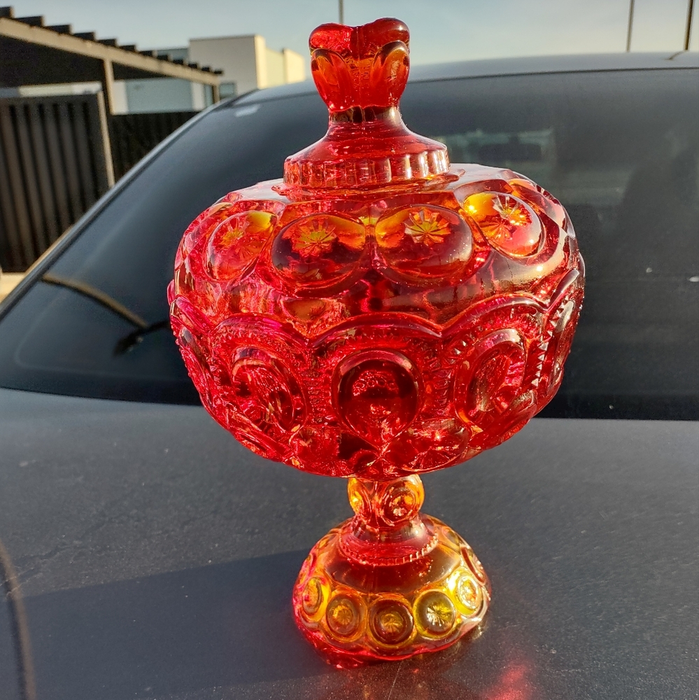 Vibrant Red and Gold Glass Art Candy Dish.